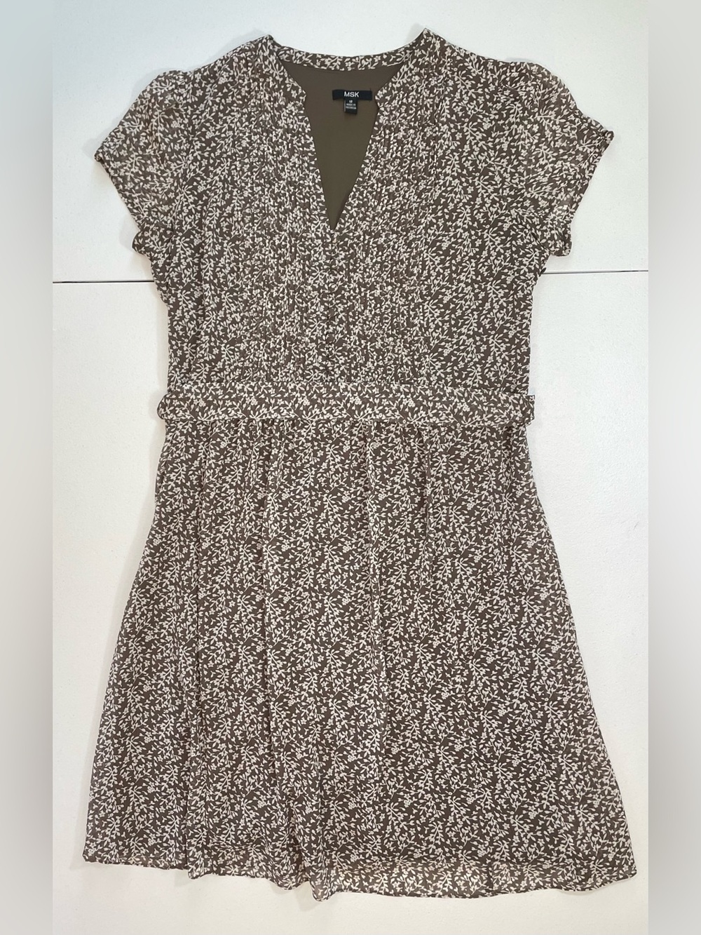 MSK Pintuck Dress Floral Lined Button Brown Cottagecore Prairie Core Autumn Fall